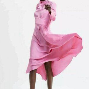 Zara HTF Midi Asimmetrical Pink Satin Dress Sz S Bloggers Favorite
